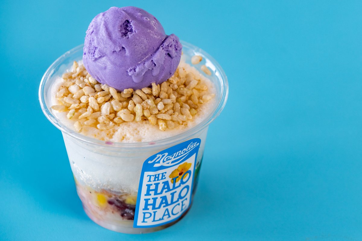 Halo halo topped with ube ice cream in a Magnolia cup