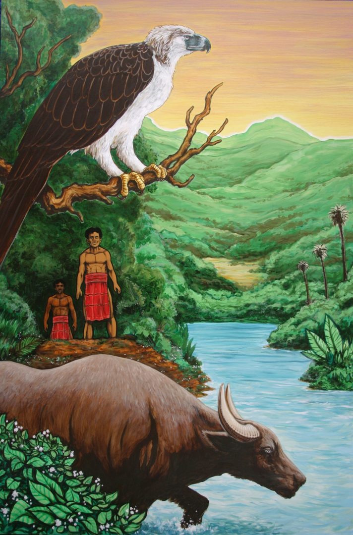 Mural: a Philippine eagle, two men, and a carabao beside a jungle river